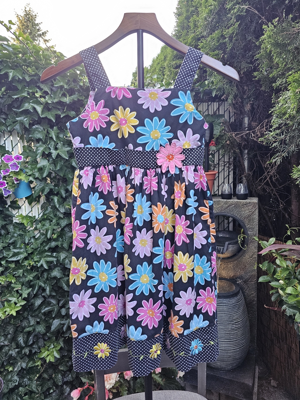 Girls Black Floral Sundress with Bright Multicolor Daisies